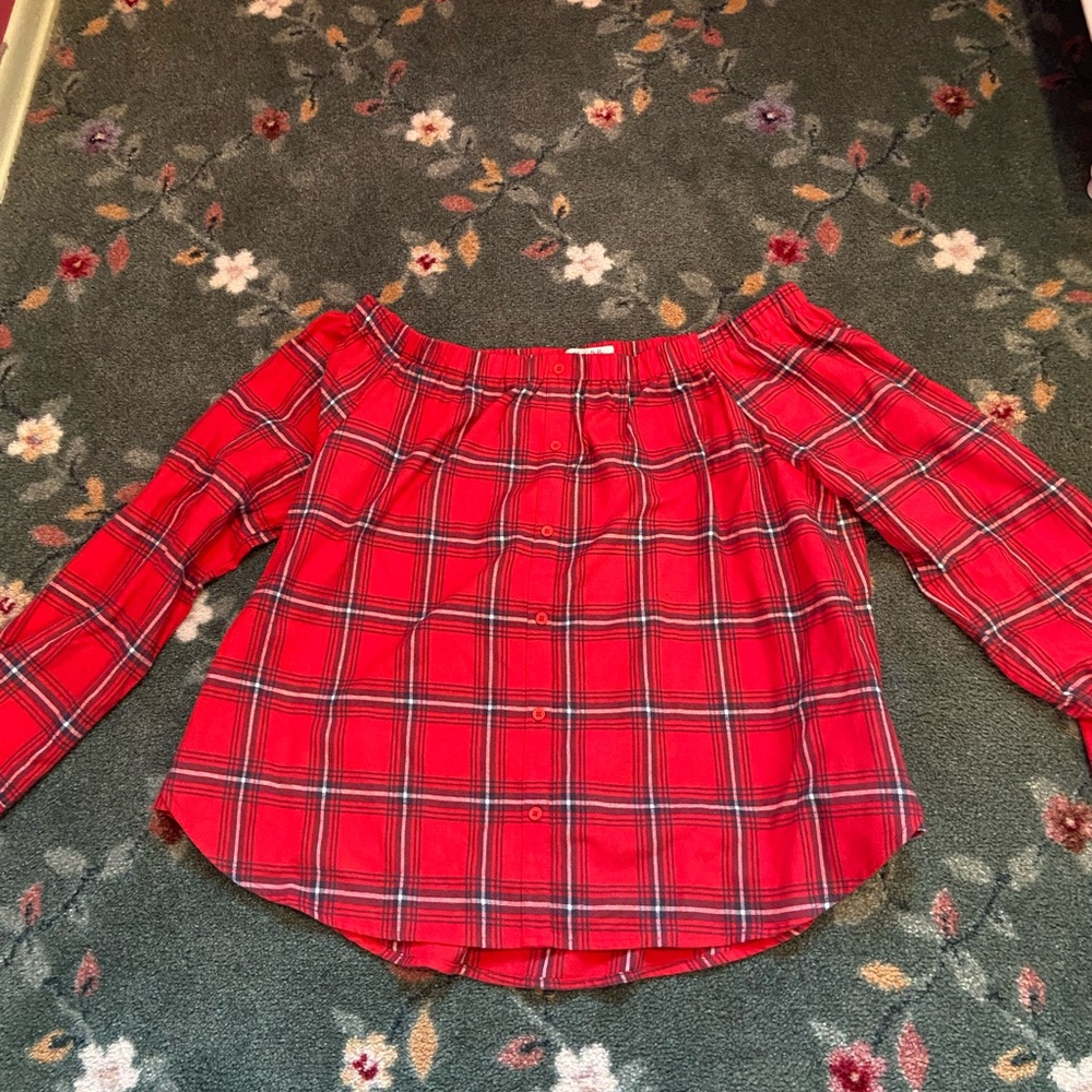 Honey Belle flannel off the shoulder top